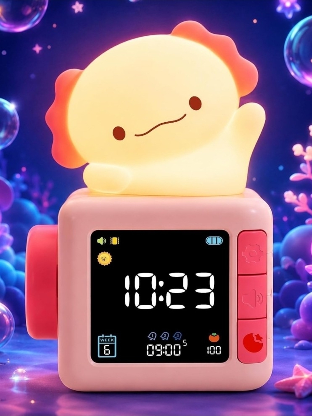 Cute Axolotl Kids Alarm Clock Night Light - Pink